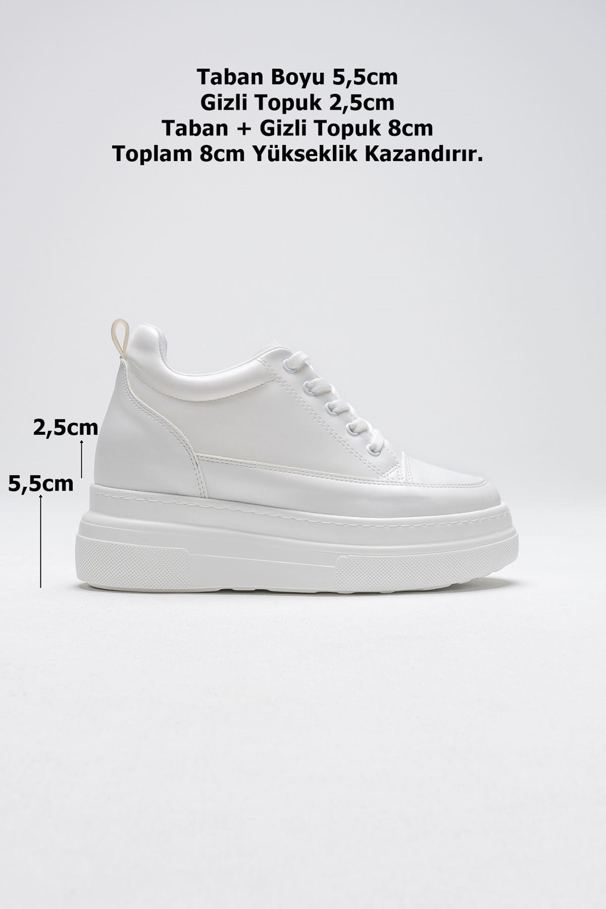 Glaren Kadın Boy Uzatan Gizli Topuklu Spor Ayakkabı Sneaker - Mat Beyaz