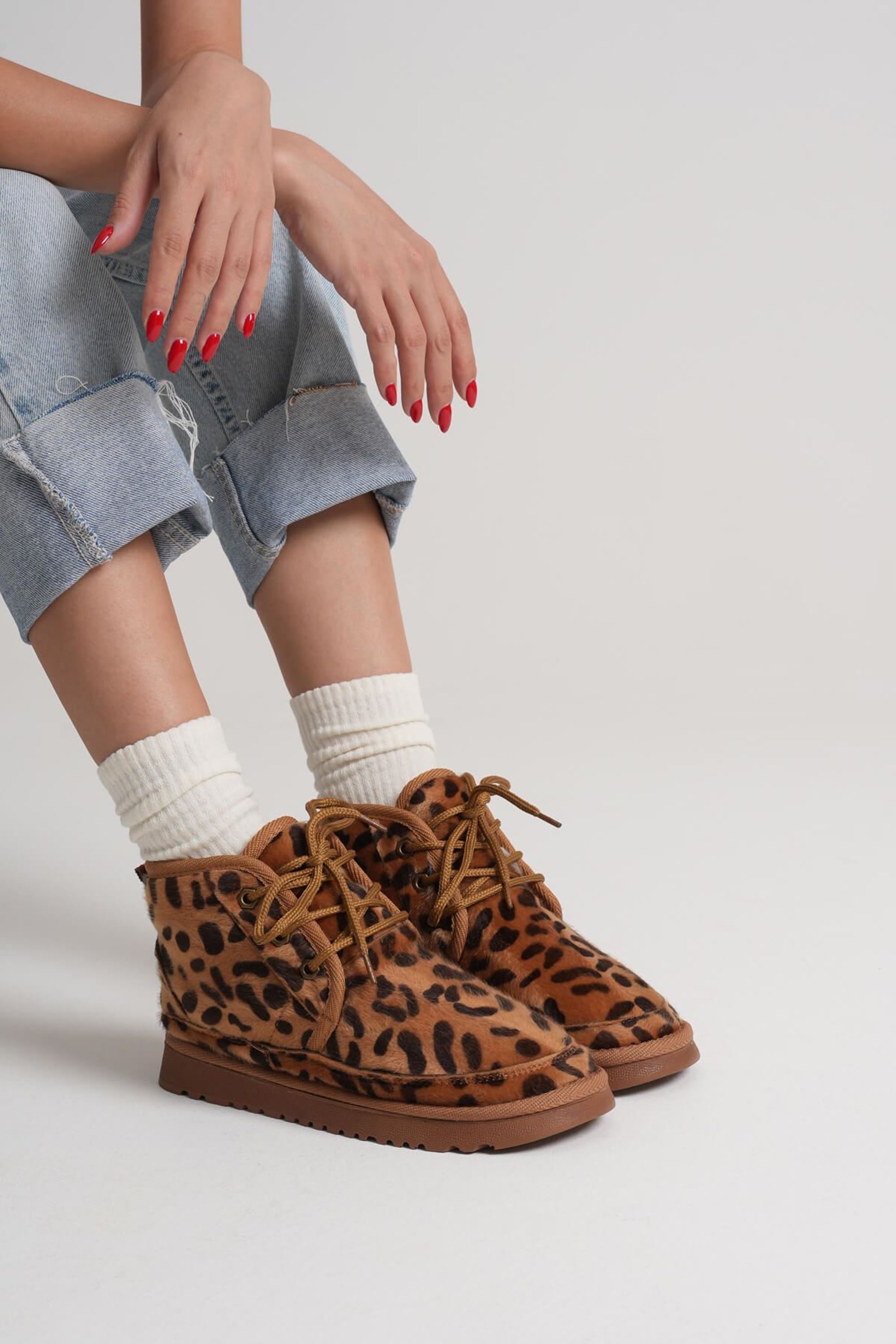 Mirevon Kadın Suya Dayanıklı Süet İçi Kürklü Kışlık Bot - Leopar