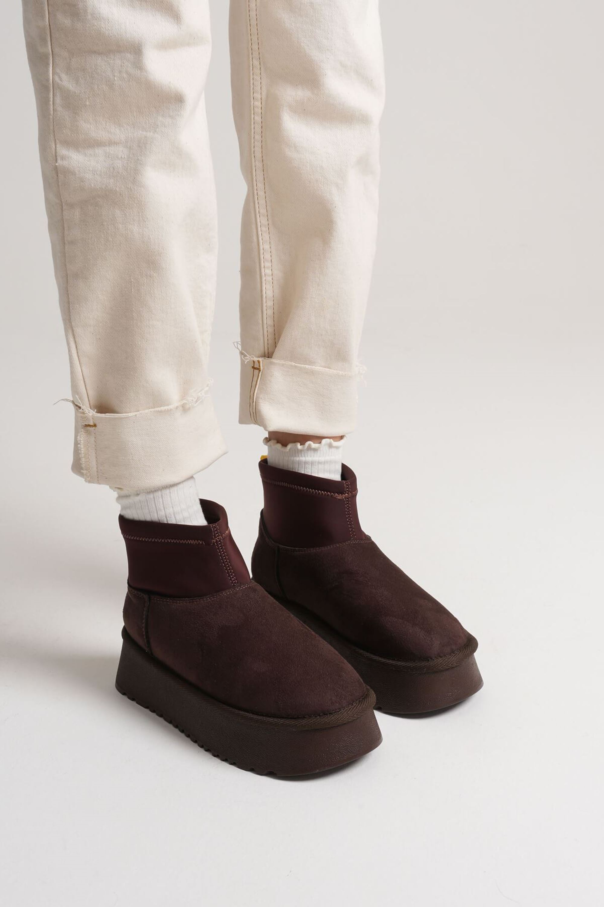 Ravella Kadın Suya Dayanıklı Süet Kışlık İçi Kürklü Streç Bilek Kalın Tabanlı Bot - Acı Kahve