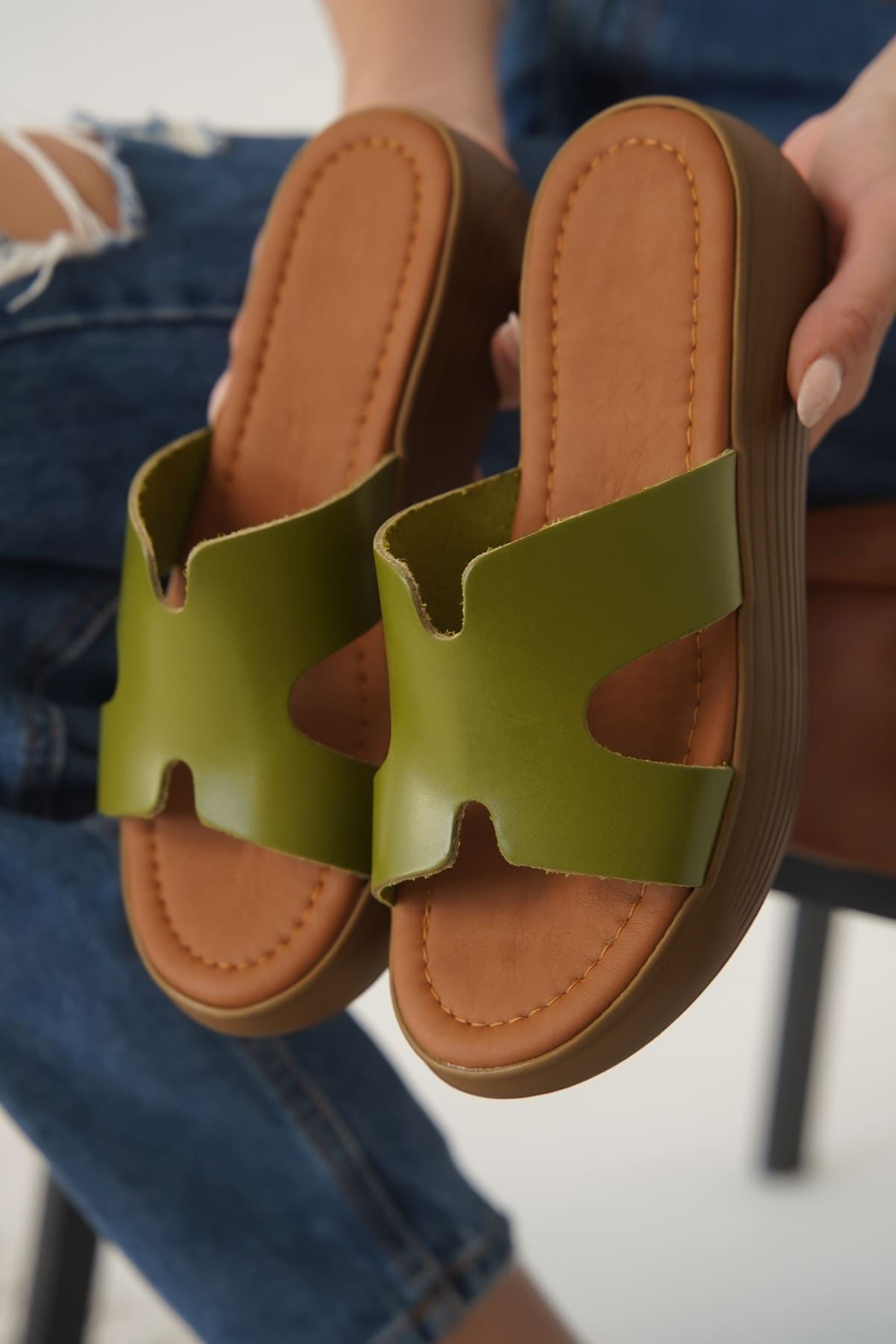 Elvish Kadın Hafif Rahat Yazlık Hakiki Deri Terlik - Haki Yeşili