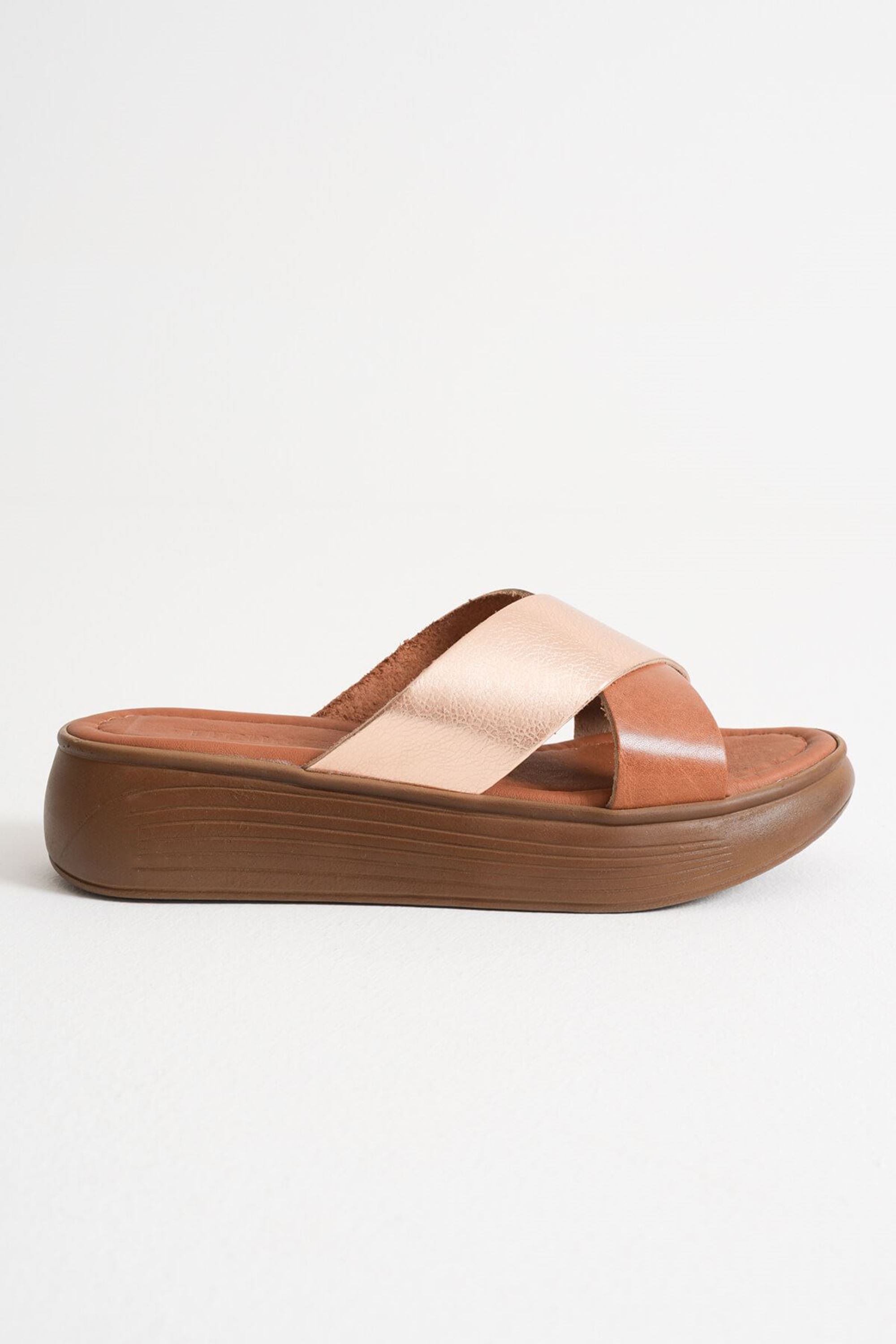 Floare Kadın Düz Hakiki Deri Terlik - Taba/Gold