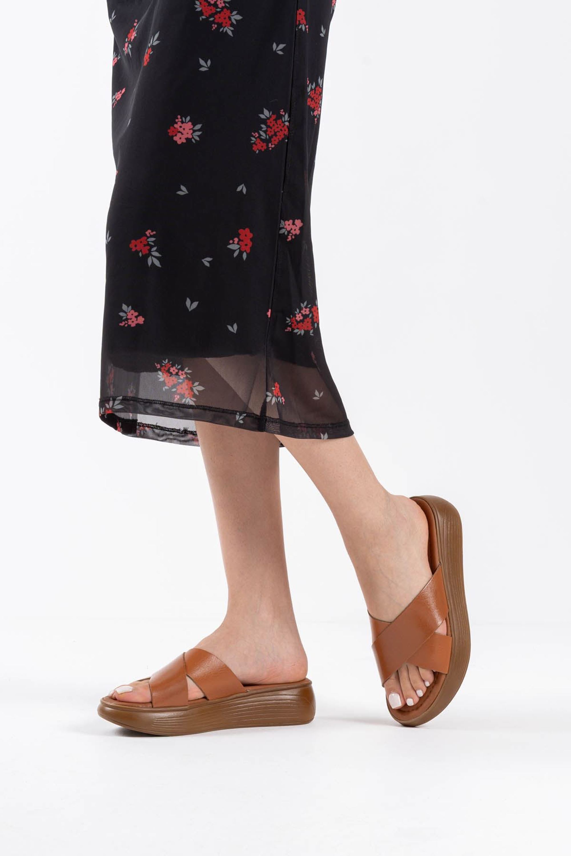 Floare Kadın Düz Hakiki Deri Terlik - Taba